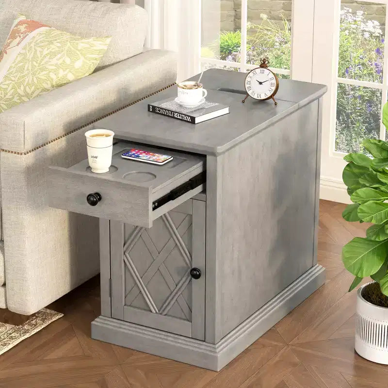 Table d'appoint classique, Table de chevet avec station de recharge, tiroir, armoire de rangement pour salon et chambre - ModernLuxe