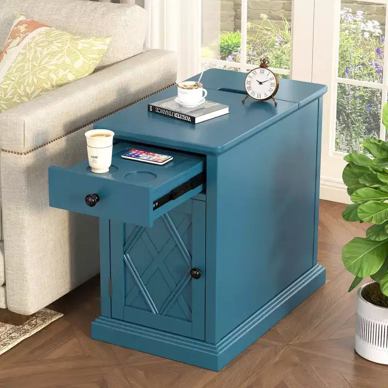 Table d'appoint classique, Table de chevet avec station de recharge, tiroir, armoire de rangement pour salon et chambre - ModernLuxe
