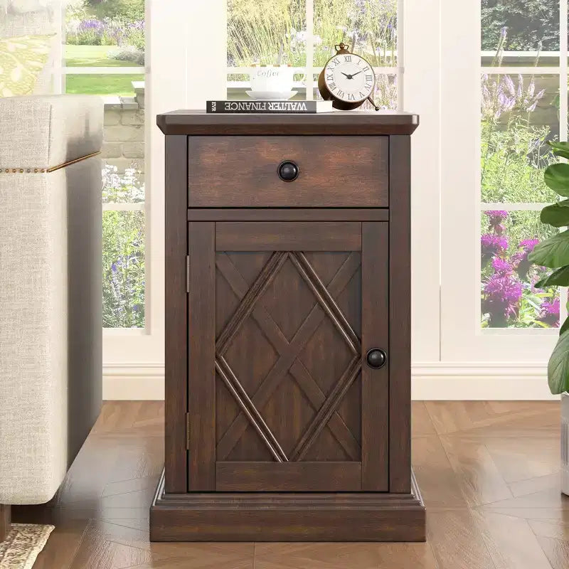 Table d'appoint classique, Table de chevet avec station de recharge, tiroir, armoire de rangement pour salon et chambre - ModernLuxe