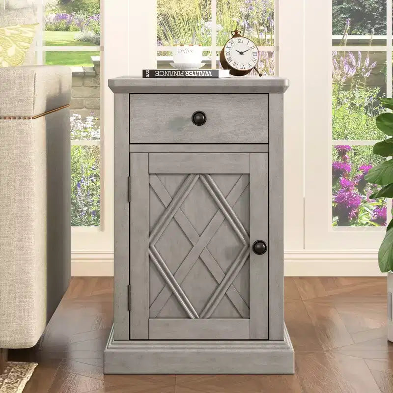 Table d'appoint classique, Table de chevet avec station de recharge, tiroir, armoire de rangement pour salon et chambre - ModernLuxe