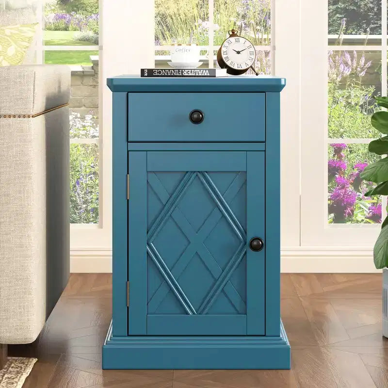 Table d'appoint classique, Table de chevet avec station de recharge, tiroir, armoire de rangement pour salon et chambre - ModernLuxe