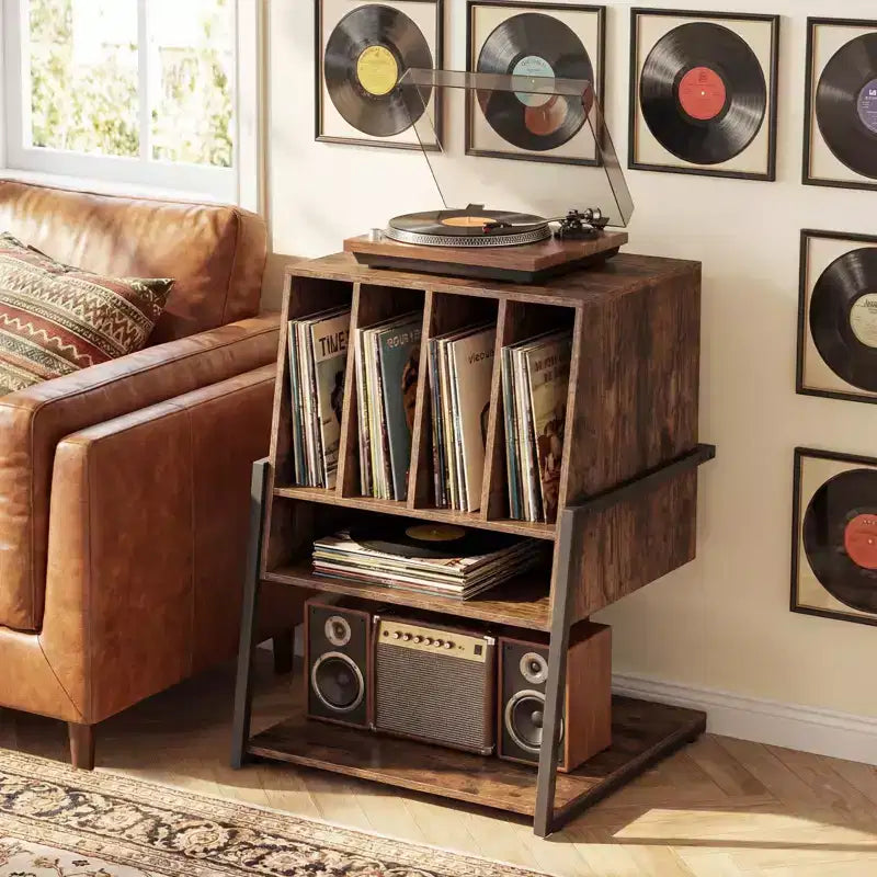Meuble pour tourne-disque Costway avec station de charge, organisateur de rangement pour disques vinyles, marron rustique/noir
