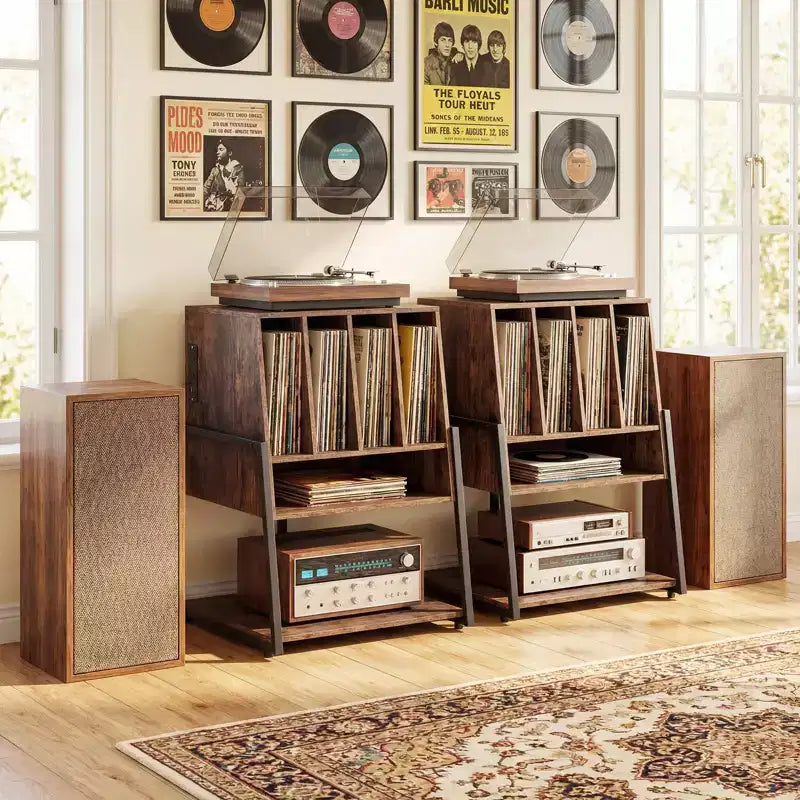 Meuble pour tourne-disque Costway avec station de charge, organisateur de rangement pour disques vinyles, marron rustique/noir