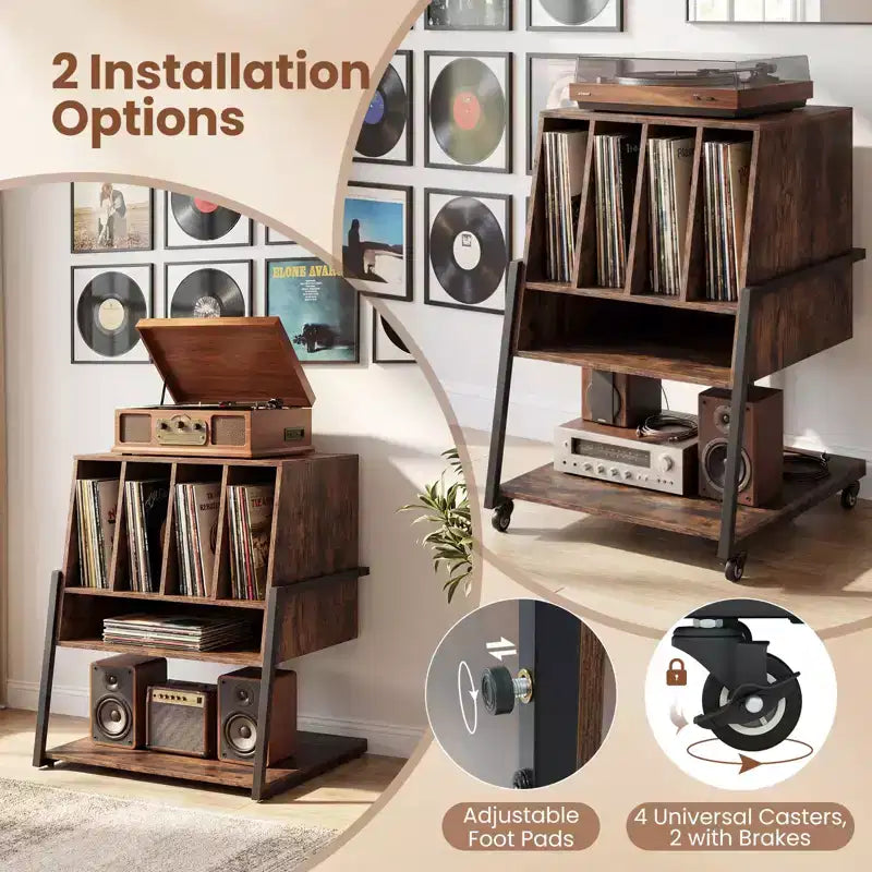 Meuble pour tourne-disque Costway avec station de charge, organisateur de rangement pour disques vinyles, marron rustique/noir