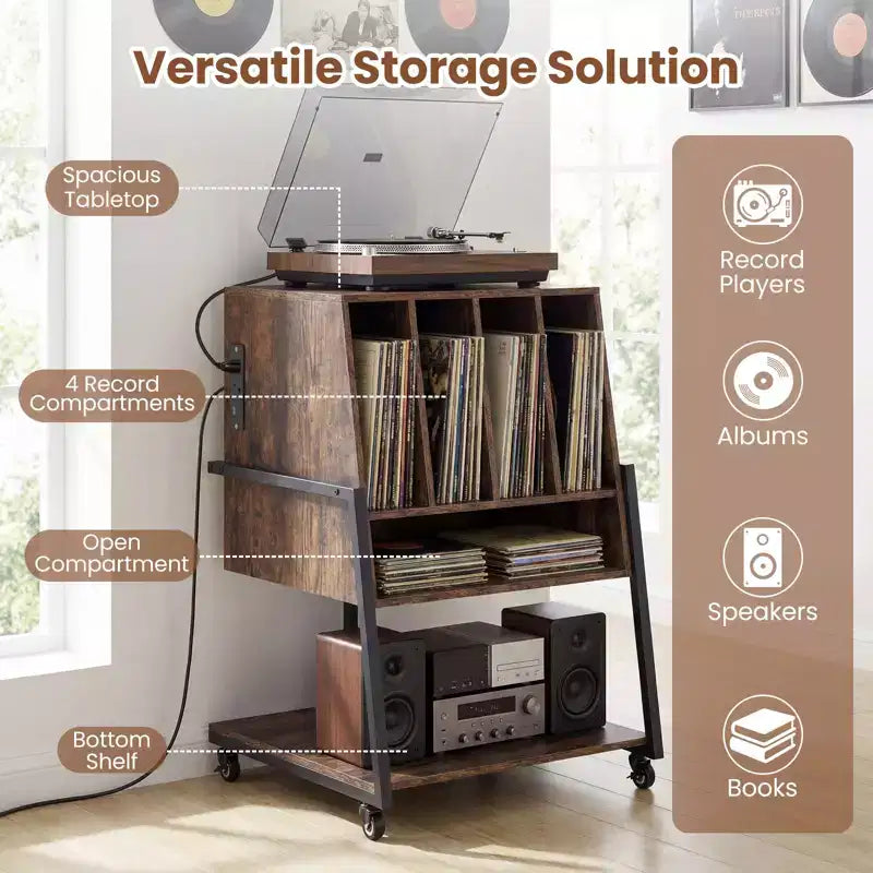 Meuble pour tourne-disque Costway avec station de charge, organisateur de rangement pour disques vinyles, marron rustique/noir