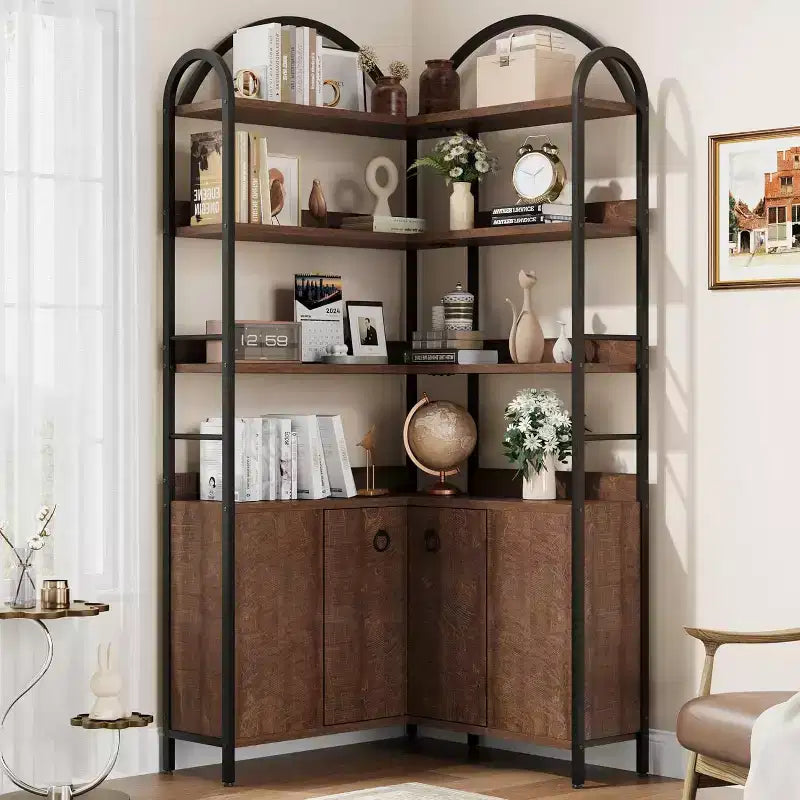 Étagère d'angle en forme de L à 6 niveaux de 188 cm de haut avec armoire, bibliothèque de rangement rustique avec portes pour salon et bureau à domicile, marron