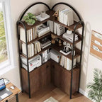 Étagère d'angle en forme de L à 6 niveaux de 188 cm de haut avec armoire, bibliothèque de rangement rustique avec portes pour salon et bureau à domicile, marron