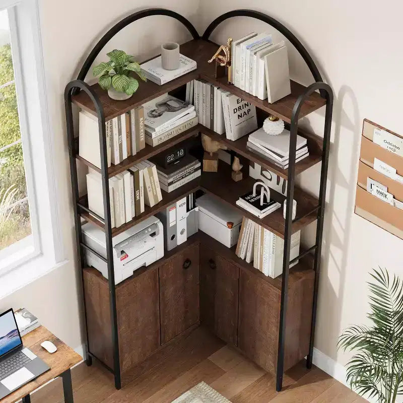 Étagère d'angle en forme de L à 6 niveaux de 188 cm de haut avec armoire, bibliothèque de rangement rustique avec portes pour salon et bureau à domicile, marron