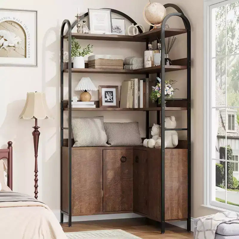 Étagère d'angle en forme de L à 6 niveaux de 188 cm de haut avec armoire, bibliothèque de rangement rustique avec portes pour salon et bureau à domicile, marron