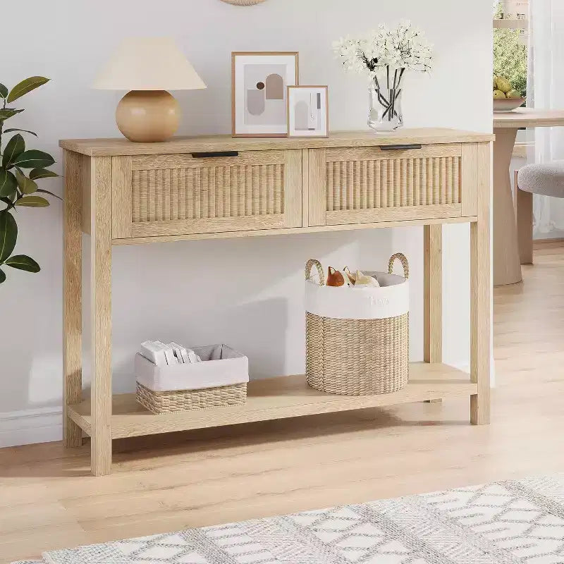 Table console cannelée moderne Acekool avec 2 tiroirs Table de canapé étroite pour entrée avec étagère de rangement pour salon, couloir, hall d'entrée Burlywood