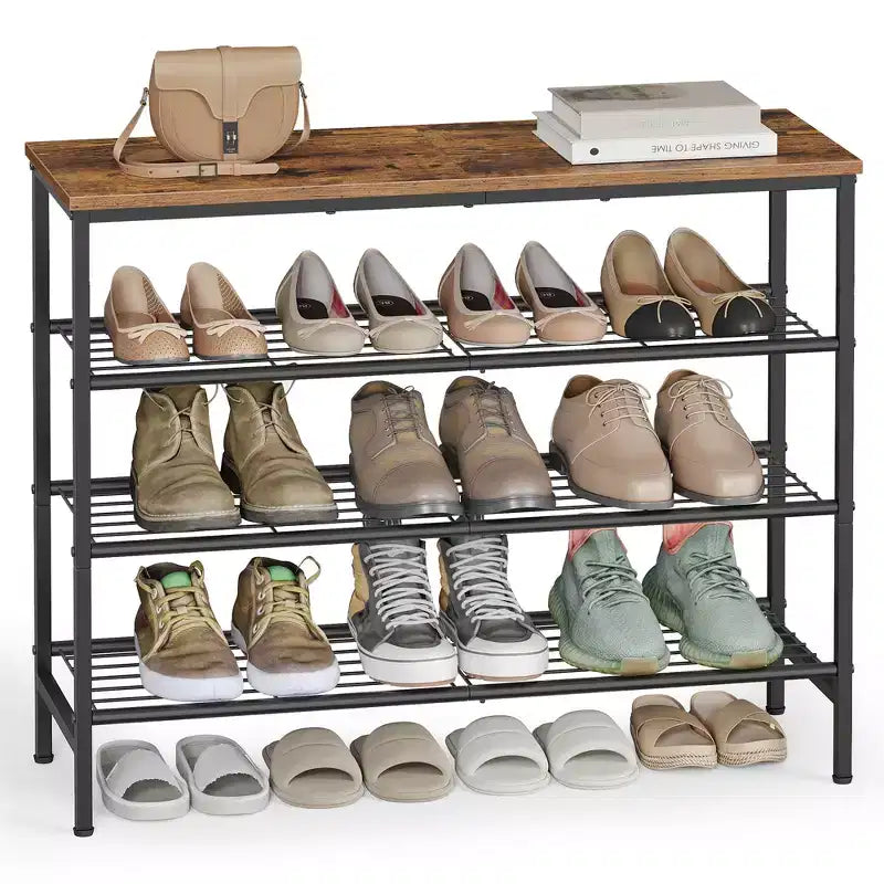 VASAGLE Shoe Rack, Shoe Storage Rack for Closet, Free Standing Metal Organizer Shelf, 4 Tiers, for 1216 Pairs, Rustic Brown and Ink Black