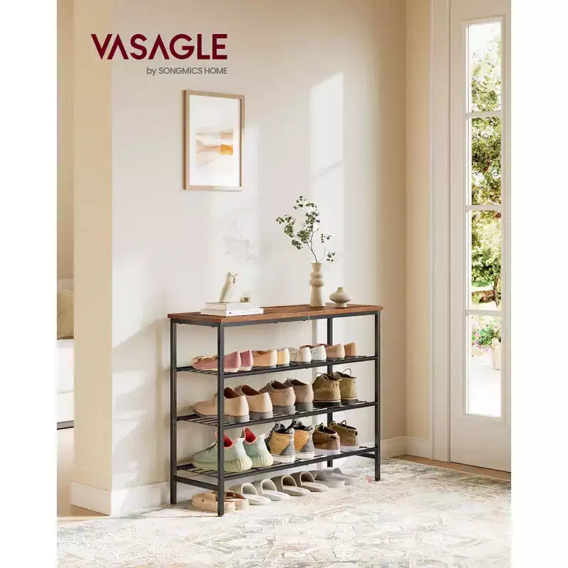 VASAGLE Meuble à chaussures, Étagère de rangement pour chaussures de placard, Étagère de rangement en métal sur pied, 4 niveaux, pour 12-16 paires, Marron rustique et Noir encre