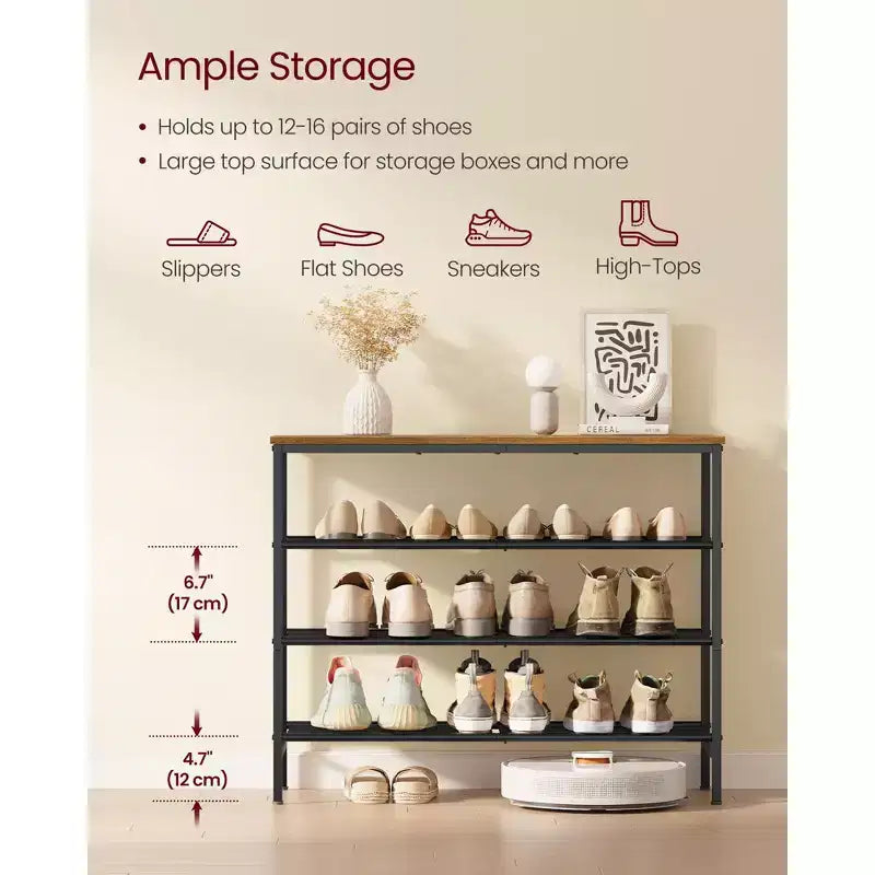 VASAGLE Meuble à chaussures, Étagère de rangement pour chaussures de placard, Étagère de rangement en métal sur pied, 4 niveaux, pour 12-16 paires, Marron rustique et Noir encre