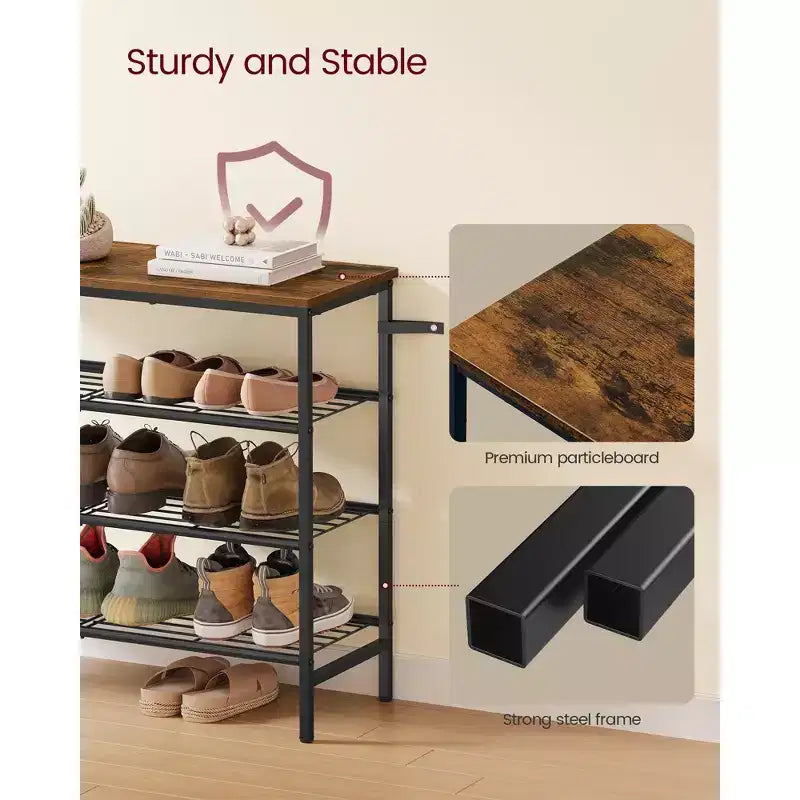 VASAGLE Meuble à chaussures, Étagère de rangement pour chaussures de placard, Étagère de rangement en métal sur pied, 4 niveaux, pour 12-16 paires, Marron rustique et Noir encre