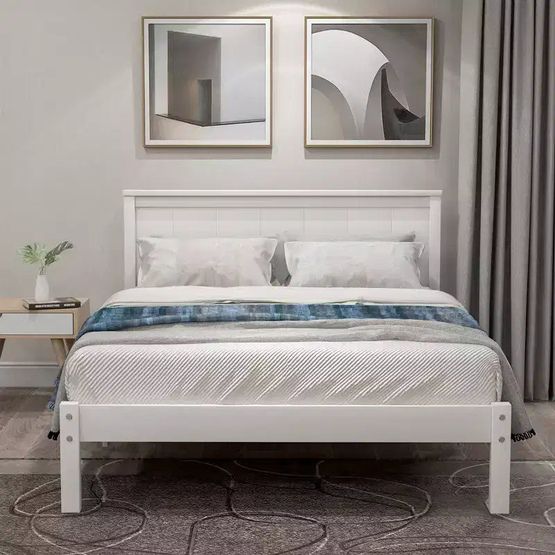 Lit plateforme double FAMYYT avec tête de lit, assemblage facile, blanc