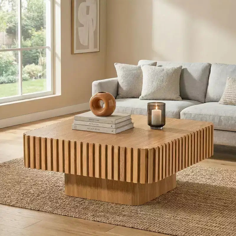 JVNOXK Table basse tambour carrée moderne faite à la main de 90 cm pour salon, avec piédestal robuste en MDF, naturel