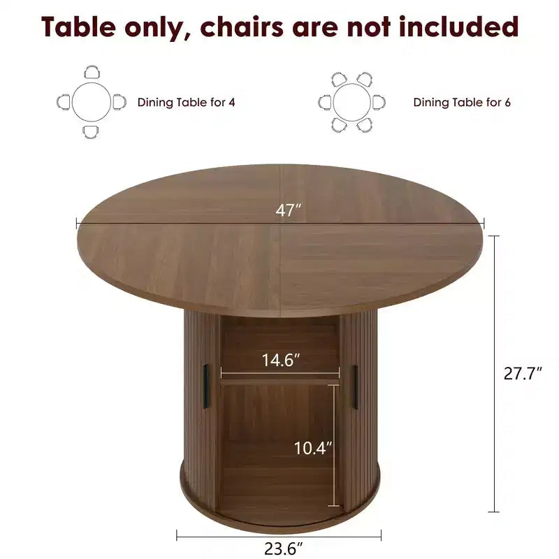 Table de salle à manger ronde de 119 cm pour 4 personnes, table de cuisine moderne avec étagère de rangement à 2 niveaux et porte coulissante en bois, meuble gain de place pour la maison