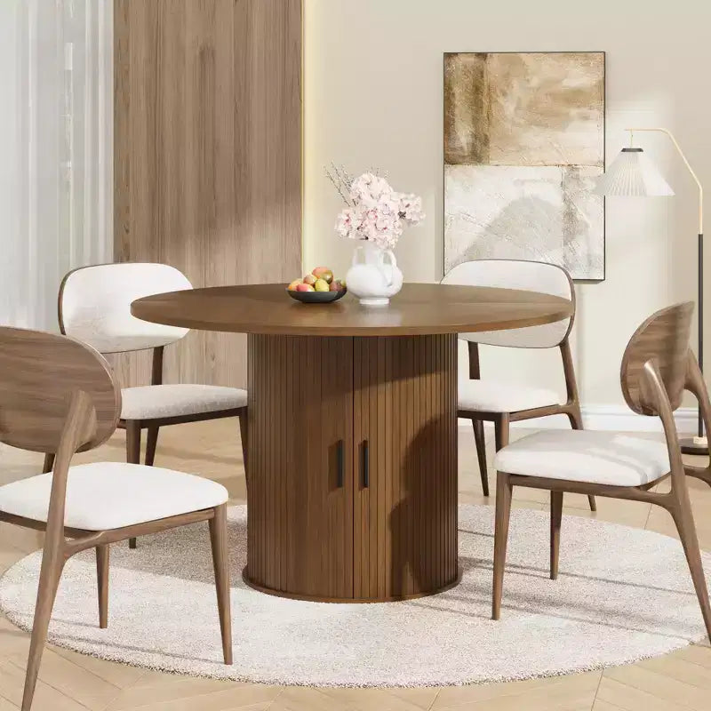 Table de salle à manger ronde de 119 cm pour 4 personnes, table de cuisine moderne avec étagère de rangement à 2 niveaux et porte coulissante en bois, meuble gain de place pour la maison
