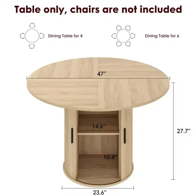 Table de salle à manger ronde de 119 cm pour 4 personnes, table de cuisine moderne avec étagère de rangement à 2 niveaux et porte coulissante en bois, meuble gain de place pour la maison