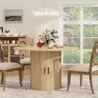 Table de salle à manger ronde de 119 cm pour 4 personnes, table de cuisine moderne avec étagère de rangement à 2 niveaux et porte coulissante en bois, meuble gain de place pour la maison