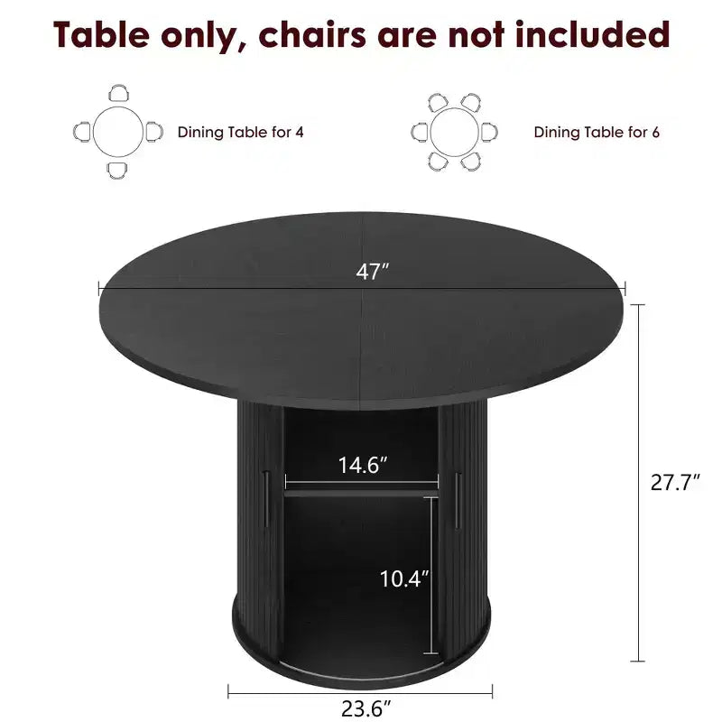 Table de salle à manger ronde de 119 cm pour 4 personnes, table de cuisine moderne avec étagère de rangement à 2 niveaux et porte coulissante en bois, meuble gain de place pour la maison