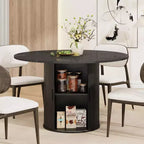 Table de salle à manger ronde de 119 cm pour 4 personnes, table de cuisine moderne avec étagère de rangement à 2 niveaux et porte coulissante en bois, meuble gain de place pour la maison
