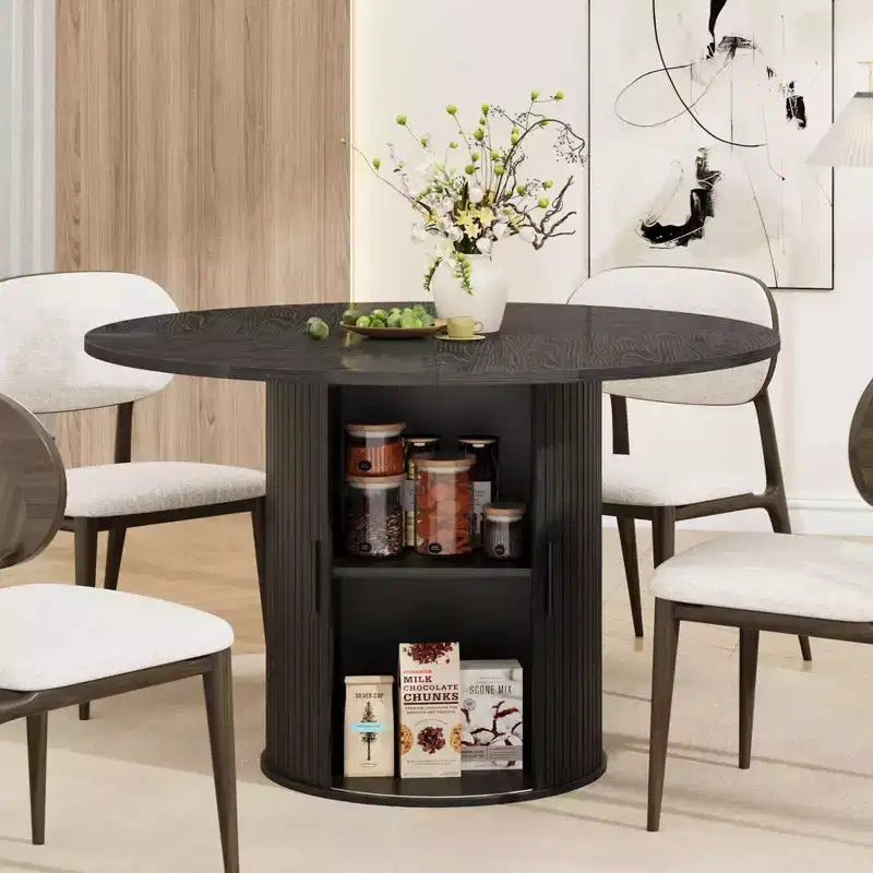 Table de salle à manger ronde de 119 cm pour 4 personnes, table de cuisine moderne avec étagère de rangement à 2 niveaux et porte coulissante en bois, meuble gain de place pour la maison