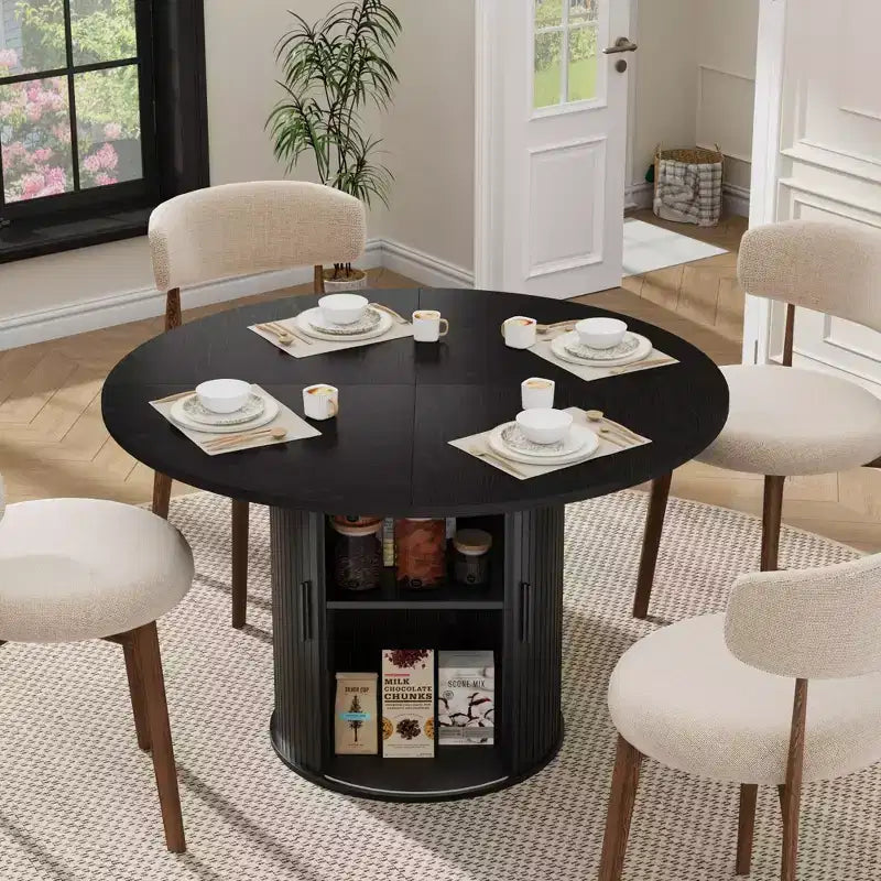 47 Round Dining Table for 4, Modern Circle Kitchen Dinner Table w/ 2-Tier Storage Shelf & Wood Sliding Door, Space-Saving Furniture for Home