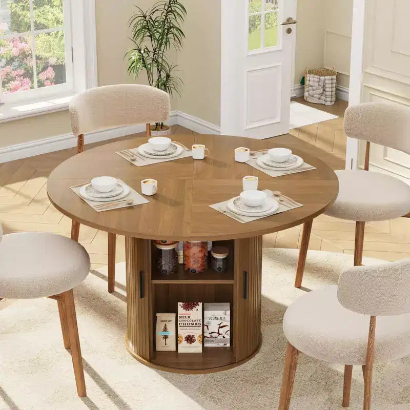 Table de salle à manger ronde de 119 cm pour 4 personnes, table de cuisine moderne avec étagère de rangement à 2 niveaux et porte coulissante en bois, meuble gain de place pour la maison