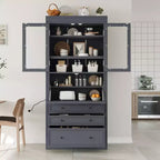 Armoire de cuisine haute avec prises de courant, meuble de rangement autonome avec 3 tiroirs et étagères réglables pour salle à manger