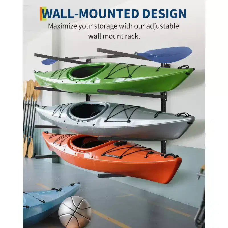 Porte-Kayak Mural Réglable Haute Résistance - Support Mural en Métal pour 4 Kayaks, Canots, Paddle Boards et Planches de Surf - Capacité de Charge 180 kg - Organisateur