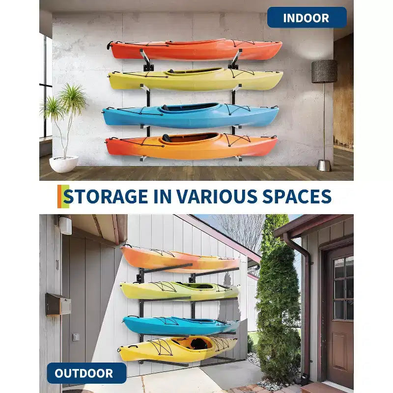 Porte-Kayak Mural Réglable Haute Résistance - Support Mural en Métal pour 4 Kayaks, Canots, Paddle Boards et Planches de Surf - Capacité de Charge 180 kg - Organisateur