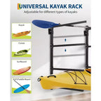 Porte-Kayak Mural Réglable Haute Résistance - Support Mural en Métal pour 4 Kayaks, Canots, Paddle Boards et Planches de Surf - Capacité de Charge 180 kg - Organisateur