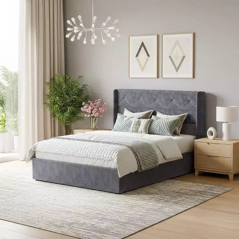 JIONJOY Cadre de lit rembourré gris avec rangement, capacité de 360 kg, rangement sous le lit de 28 cm, silencieux, en bois massif, sommier tapissier non requis, montage facile - Lit double