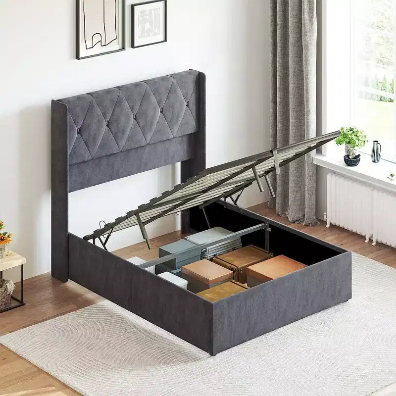 JIONJOY Cadre de lit rembourré gris avec rangement, capacité de 360 kg, rangement sous le lit de 28 cm, silencieux, en bois massif, sommier tapissier non requis, montage facile - Lit double