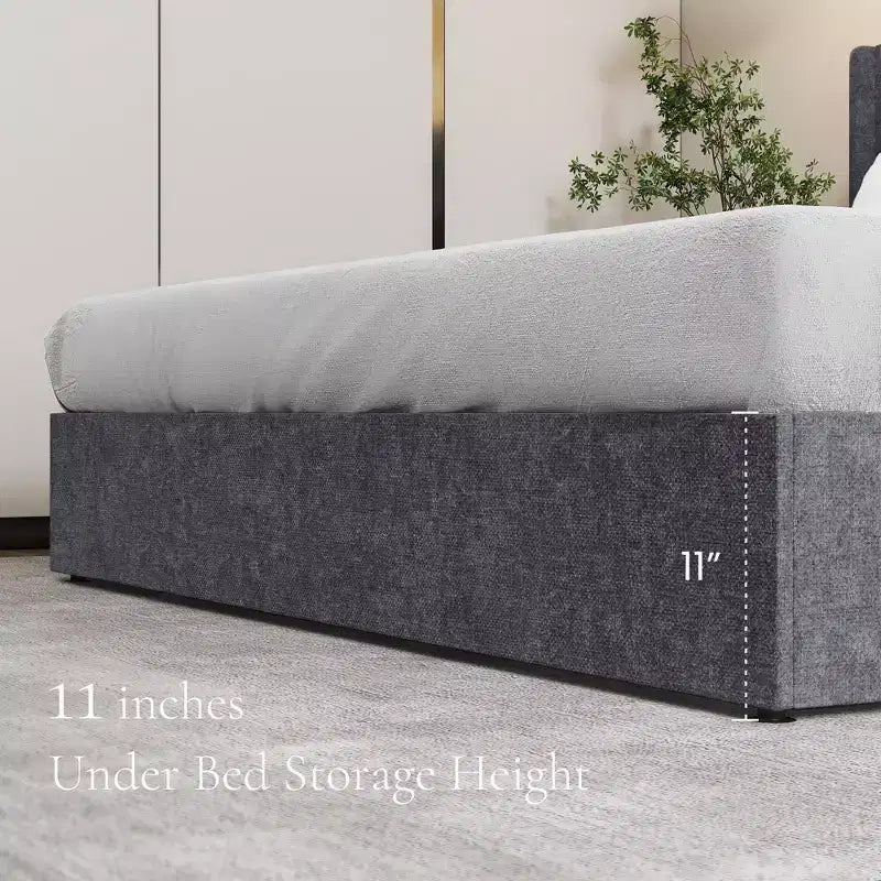 JIONJOY Cadre de lit rembourré gris avec rangement, capacité de 360 kg, rangement sous le lit de 28 cm, silencieux, en bois massif, sommier tapissier non requis, montage facile - Lit double