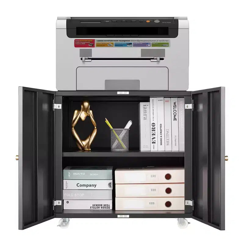 Support d'imprimante robuste sur roulettes, table sous bureau avec portes doubles et armoire de rangement à étagère réglable pour la maison et le bureau