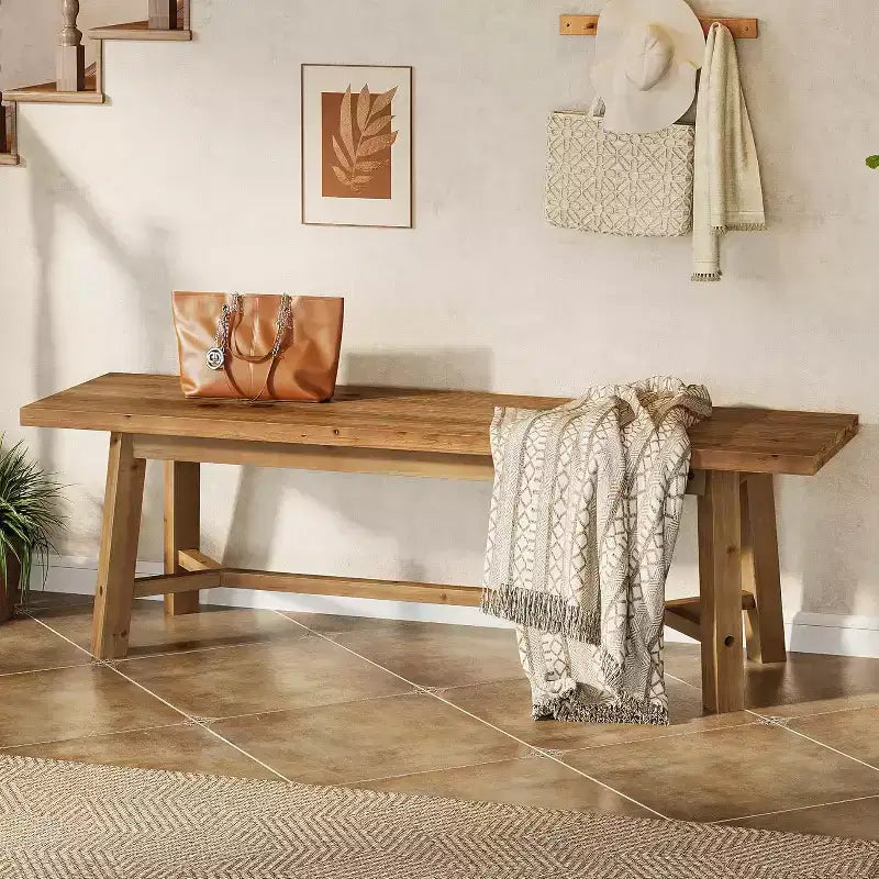 Banc Lantine 55 en bois massif, banc long de style rustique pour entrée, salle à manger, salon, bois massif, marron rustique