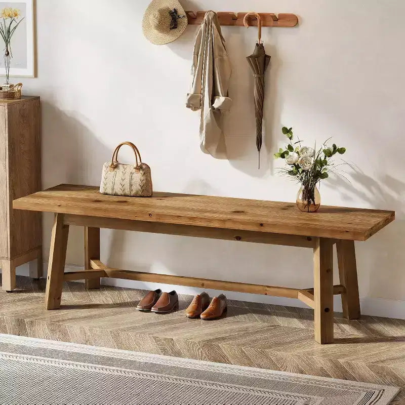 Banc Lantine 55 en bois massif, banc long de style rustique pour entrée, salle à manger, salon, bois massif, marron rustique