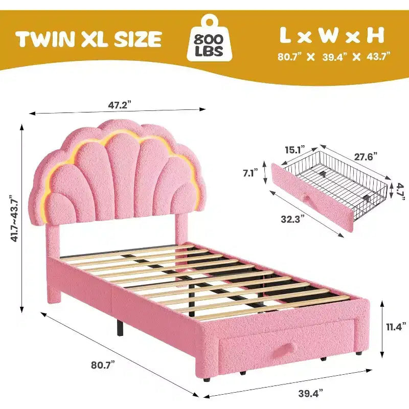 Cadre de lit LED capitonné GuatoWave avec tête de lit chic réglable et tiroir de rangement