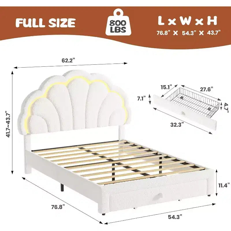 Cadre de lit LED capitonné GuatoWave avec tête de lit chic réglable et tiroir de rangement