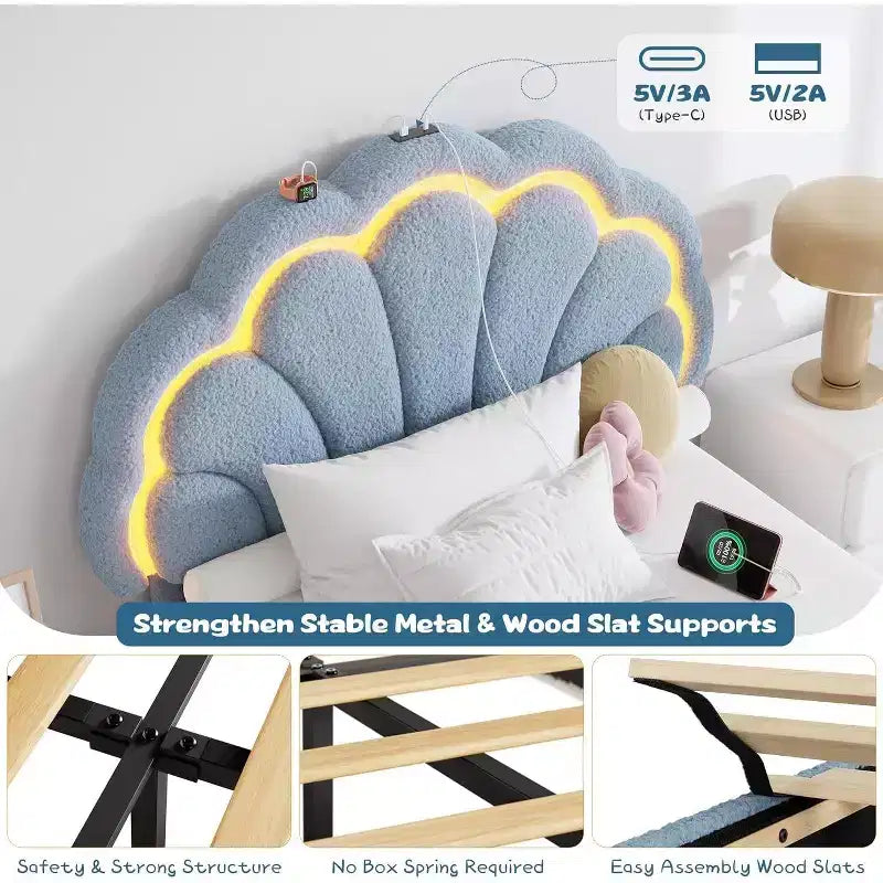 Cadre de lit LED capitonné GuatoWave avec tête de lit chic réglable et tiroir de rangement