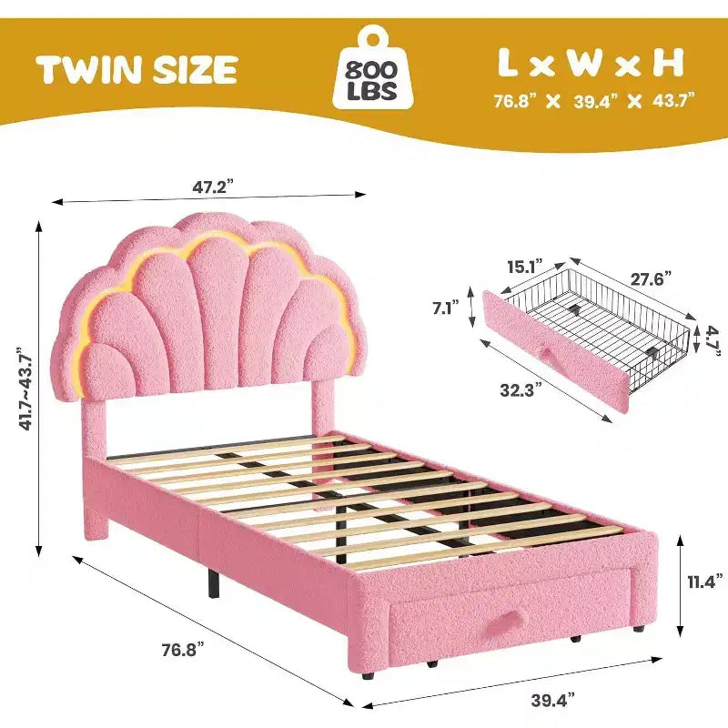 Cadre de lit LED capitonné GuatoWave avec tête de lit chic réglable et tiroir de rangement