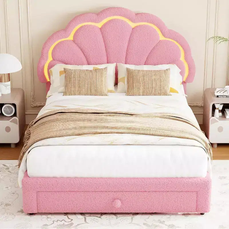 Cadre de lit LED capitonné GuatoWave avec tête de lit chic réglable et tiroir de rangement