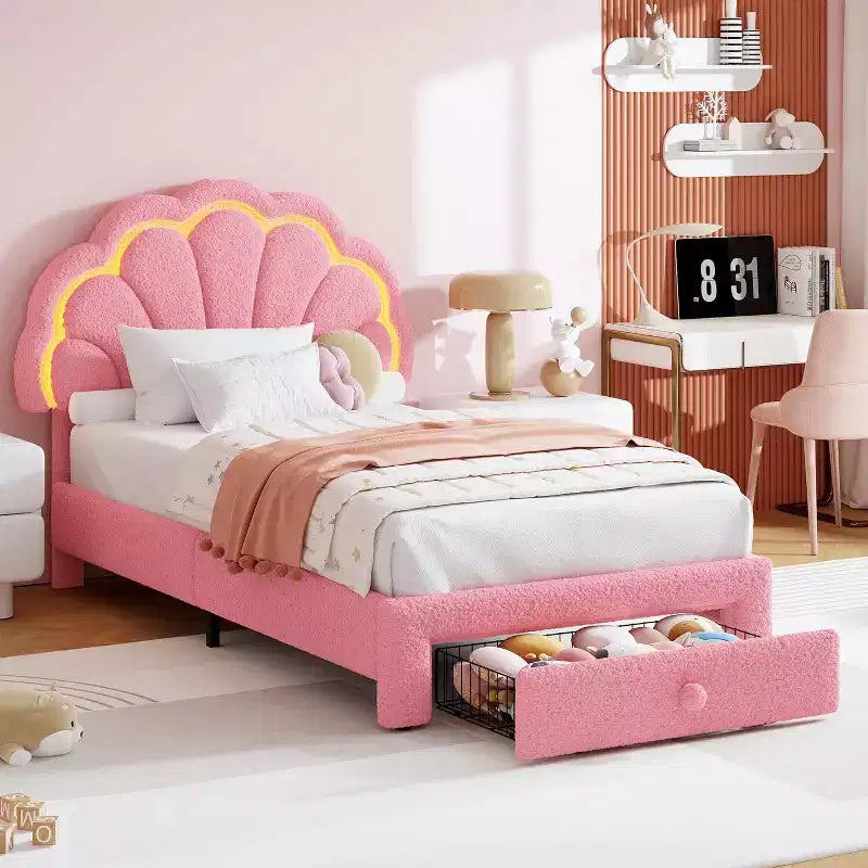 Cadre de lit LED capitonné GuatoWave avec tête de lit chic réglable et tiroir de rangement