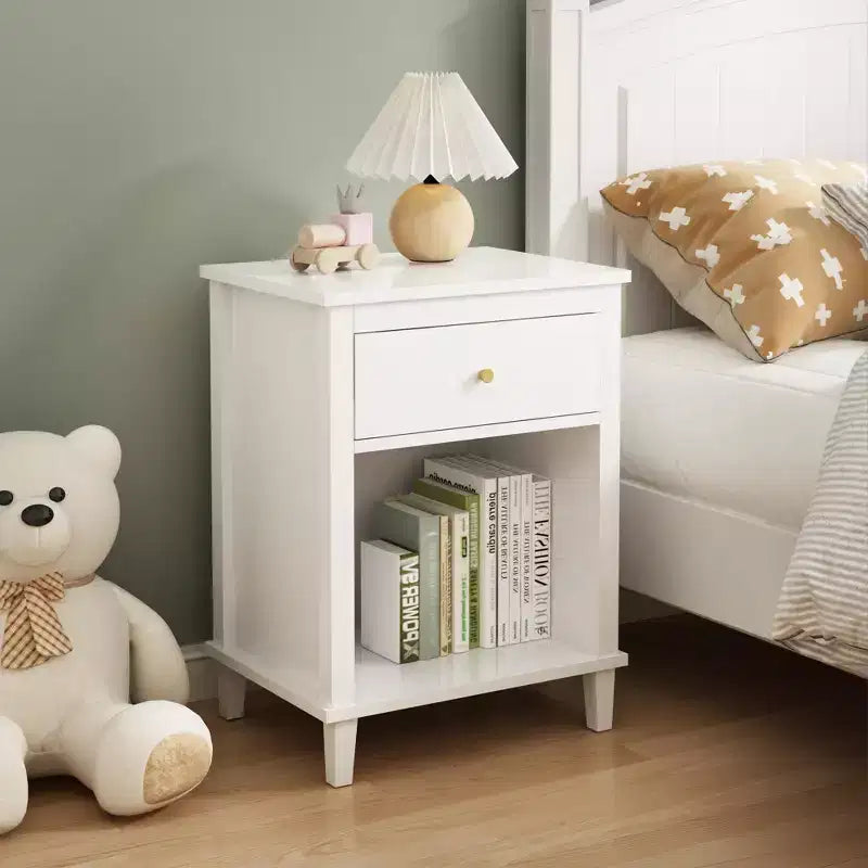 Table de chevet en bois de 68 cm de haut avec un tiroir et une étagère pour enfants et adultes, blanc + poignée dorée