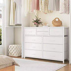 Commode en tissu à 10 tiroirs pour chambre à coucher, commode moderne de 114 cm de large avec cadre en acier et plateau en bois, grand organisateur de rangement avec bacs en tissu