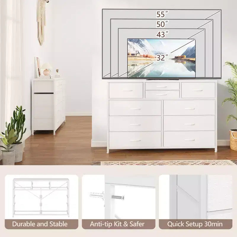 Commode en tissu à 10 tiroirs pour chambre à coucher, commode moderne de 114 cm de large avec cadre en acier et plateau en bois, grand organisateur de rangement avec bacs en tissu