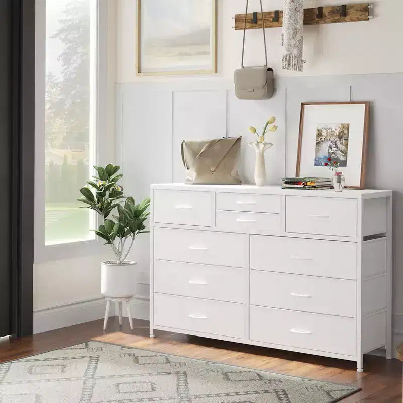 Commode en tissu à 10 tiroirs pour chambre à coucher, commode moderne de 114 cm de large avec cadre en acier et plateau en bois, grand organisateur de rangement avec bacs en tissu