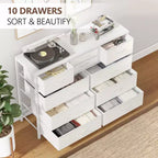 Commode en tissu à 10 tiroirs pour chambre à coucher, commode moderne de 114 cm de large avec cadre en acier et plateau en bois, grand organisateur de rangement avec bacs en tissu